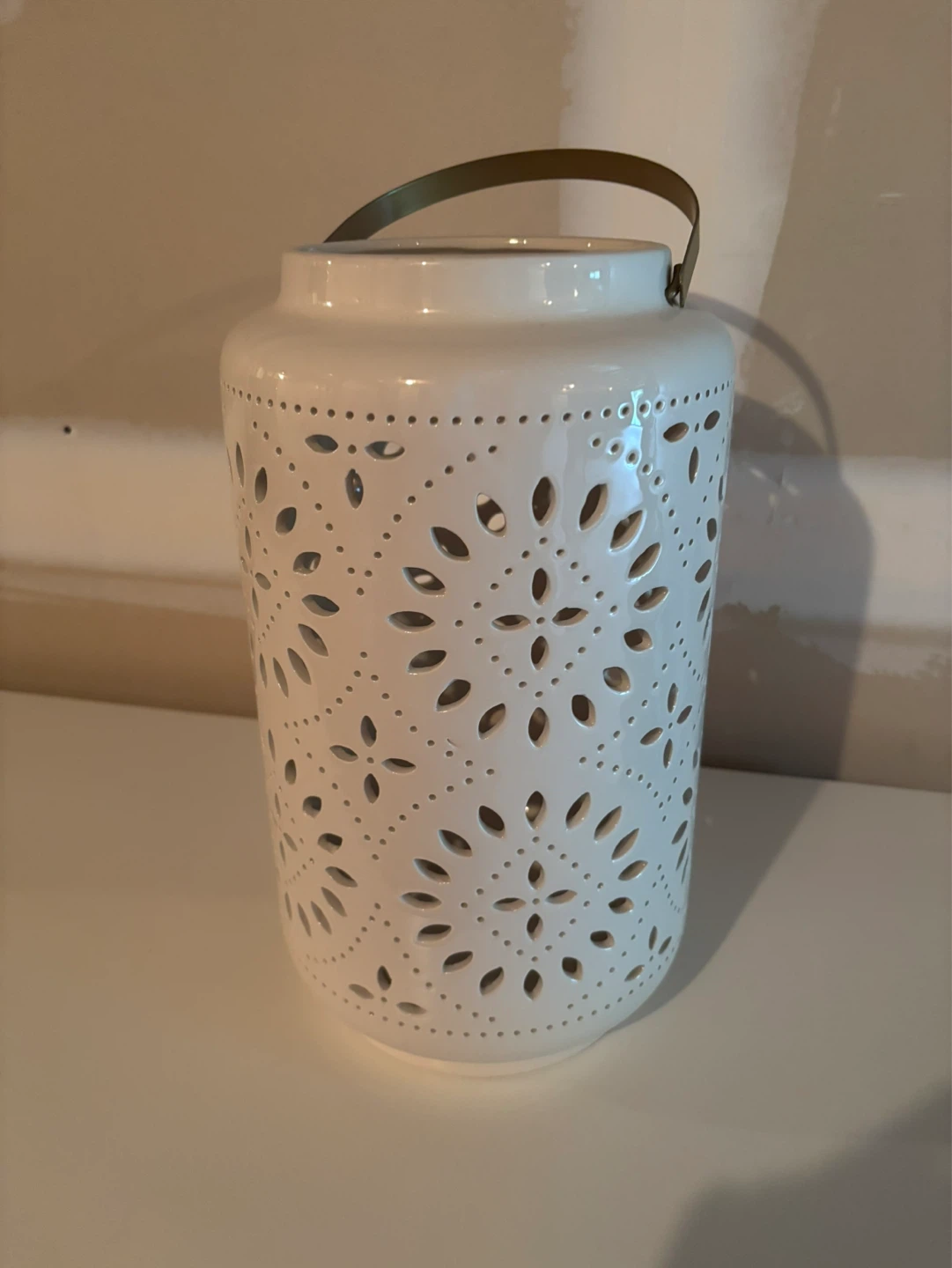 White Ceramic Lantern with Cut-Out Design