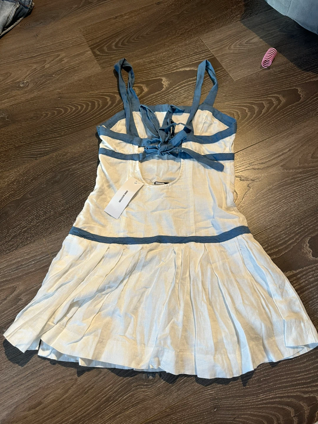 White Linen Blend Dress with Blue Trim - photo 2