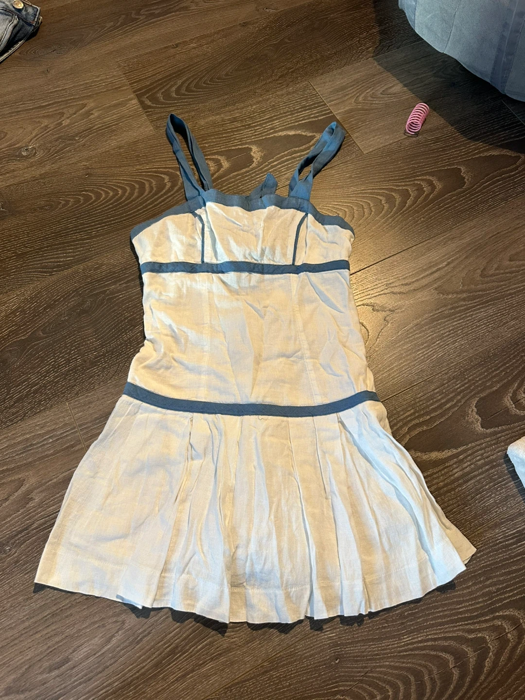 White Linen Blend Dress with Blue Trim