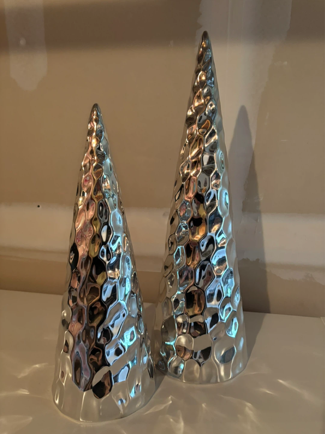 Set of 2 Silver Textured Cone Decor Pieces