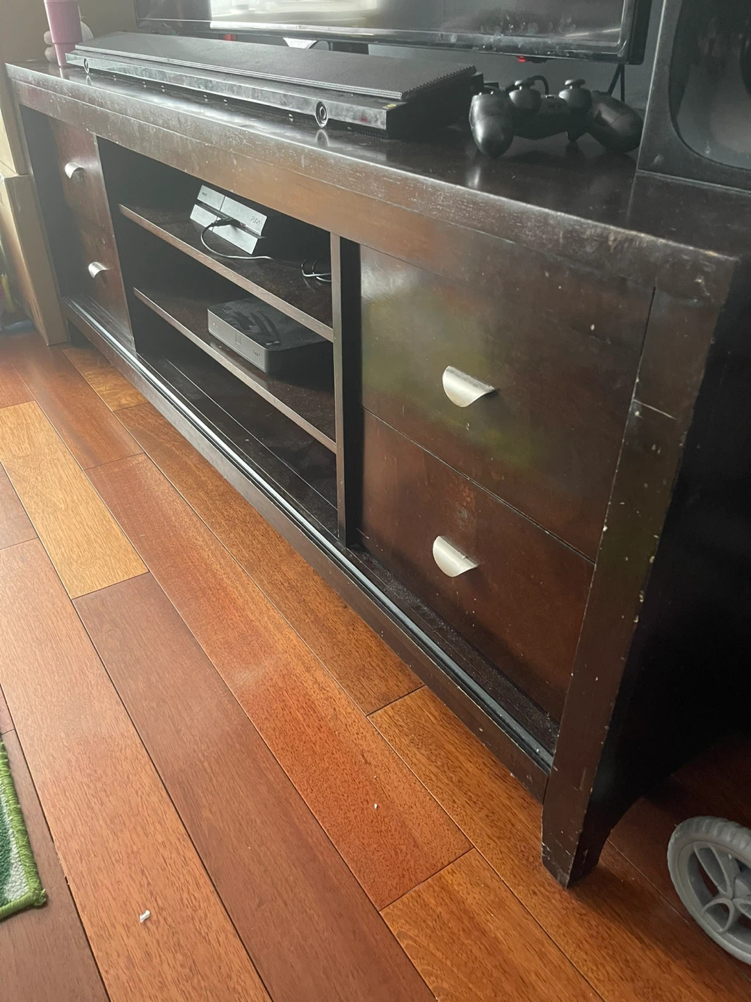 Dark Wood Media Console with Drawers and Shelves