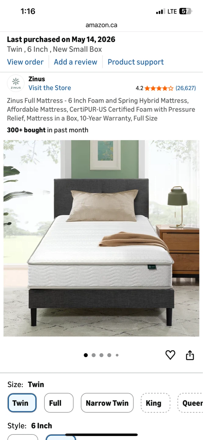 Zinus 6 Inch Twin Foam and Spring Hybrid Mattress, New Small Box