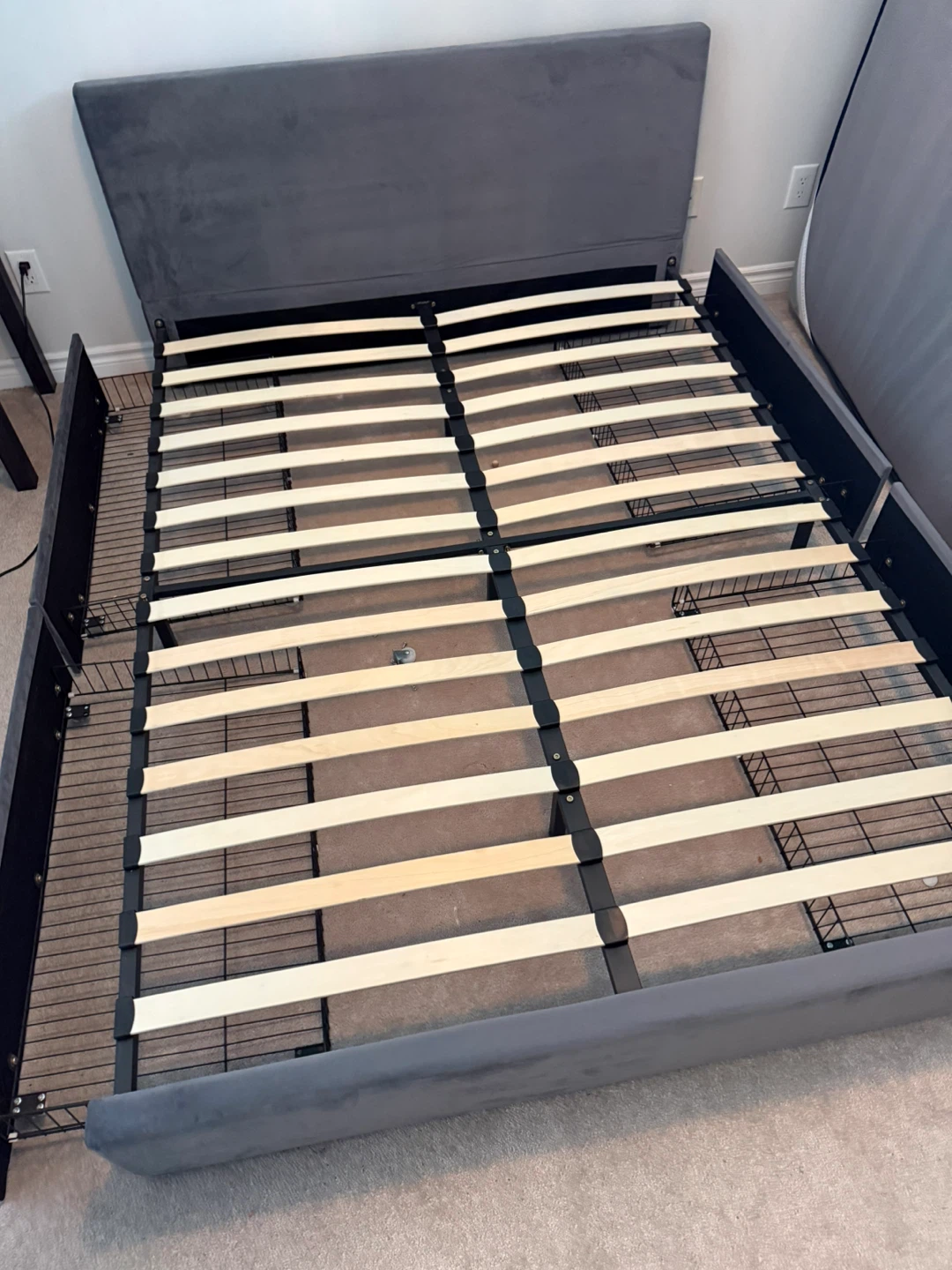 Grey Velvet Queen Bed Frame with Slats - photo 2