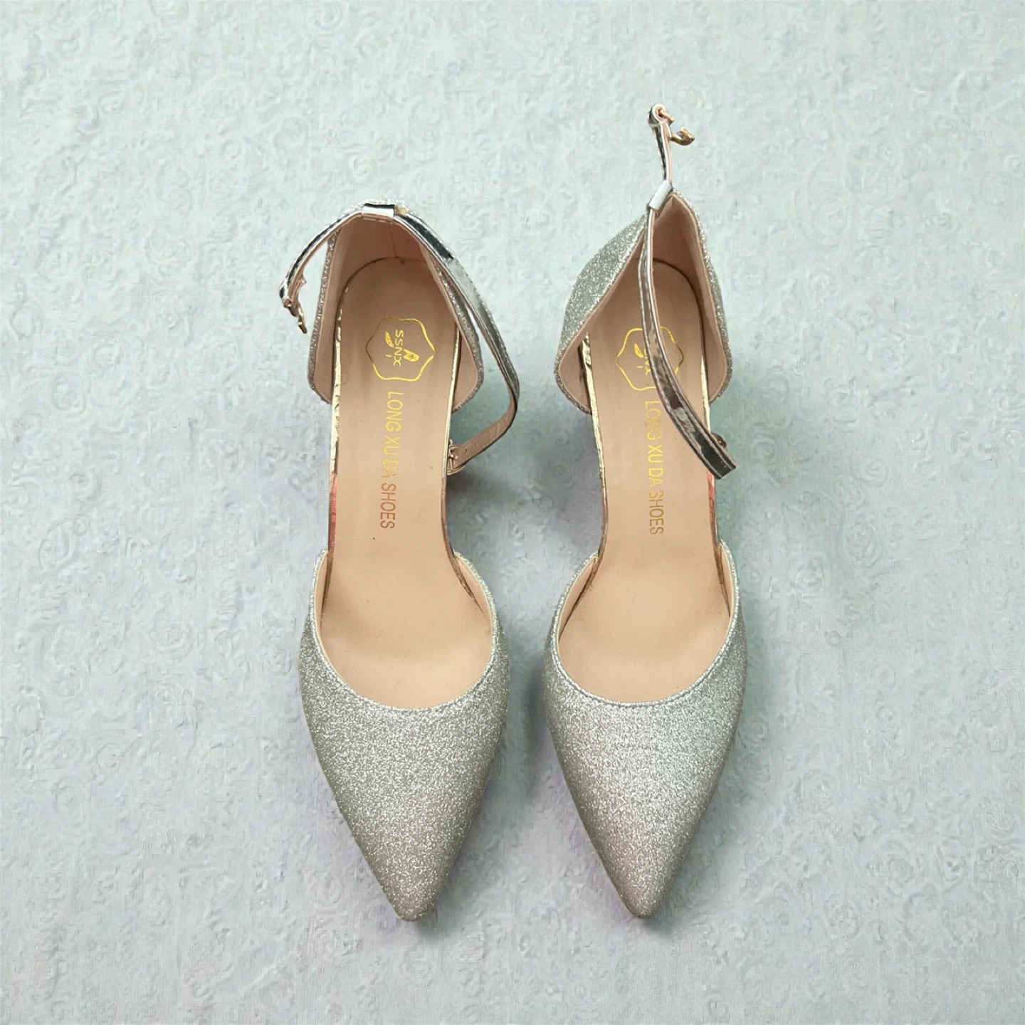 Sparkly Silver Heels with Ankle Strap
