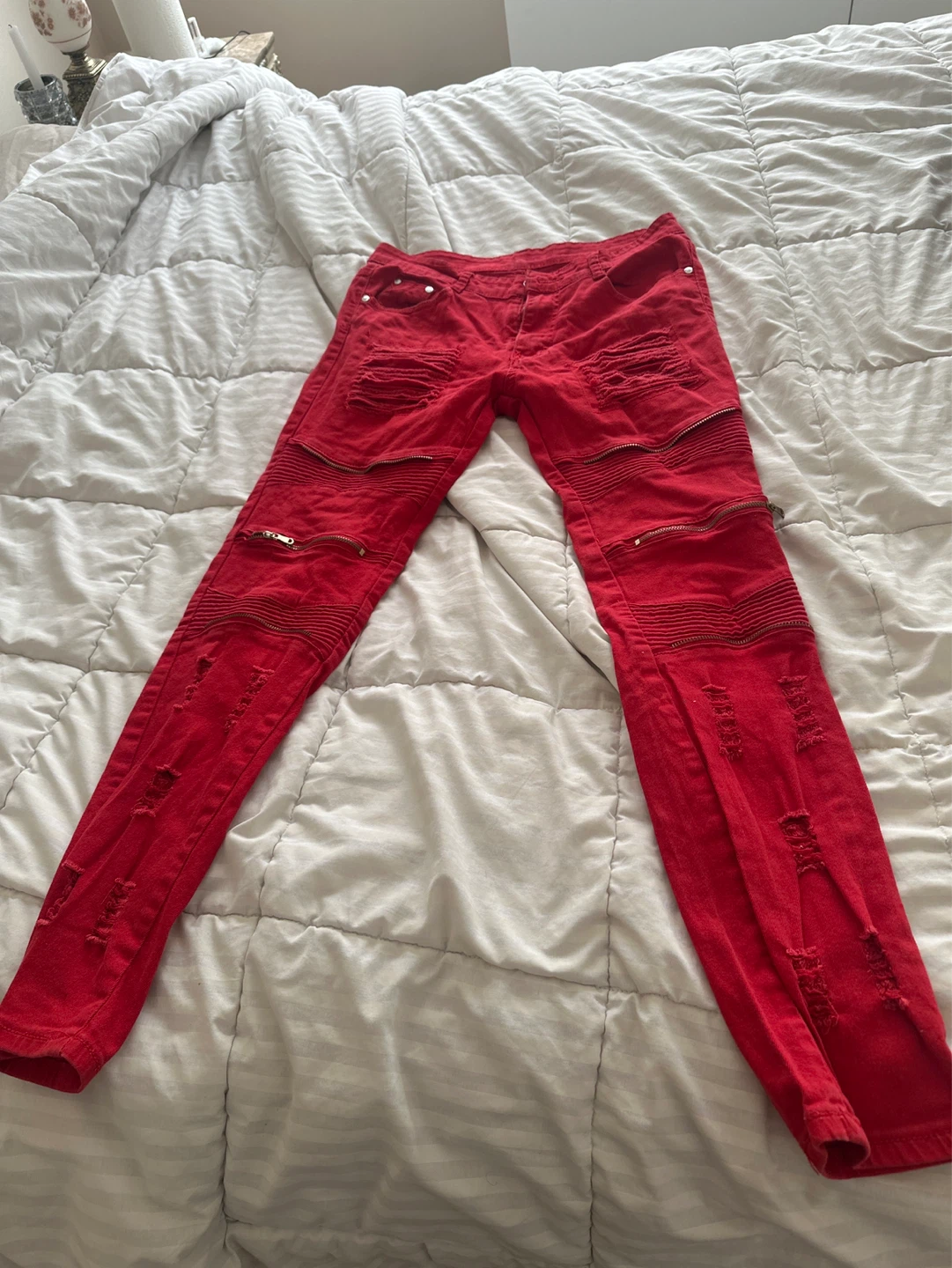 Red Zippered Distressed Jeans - Size 30