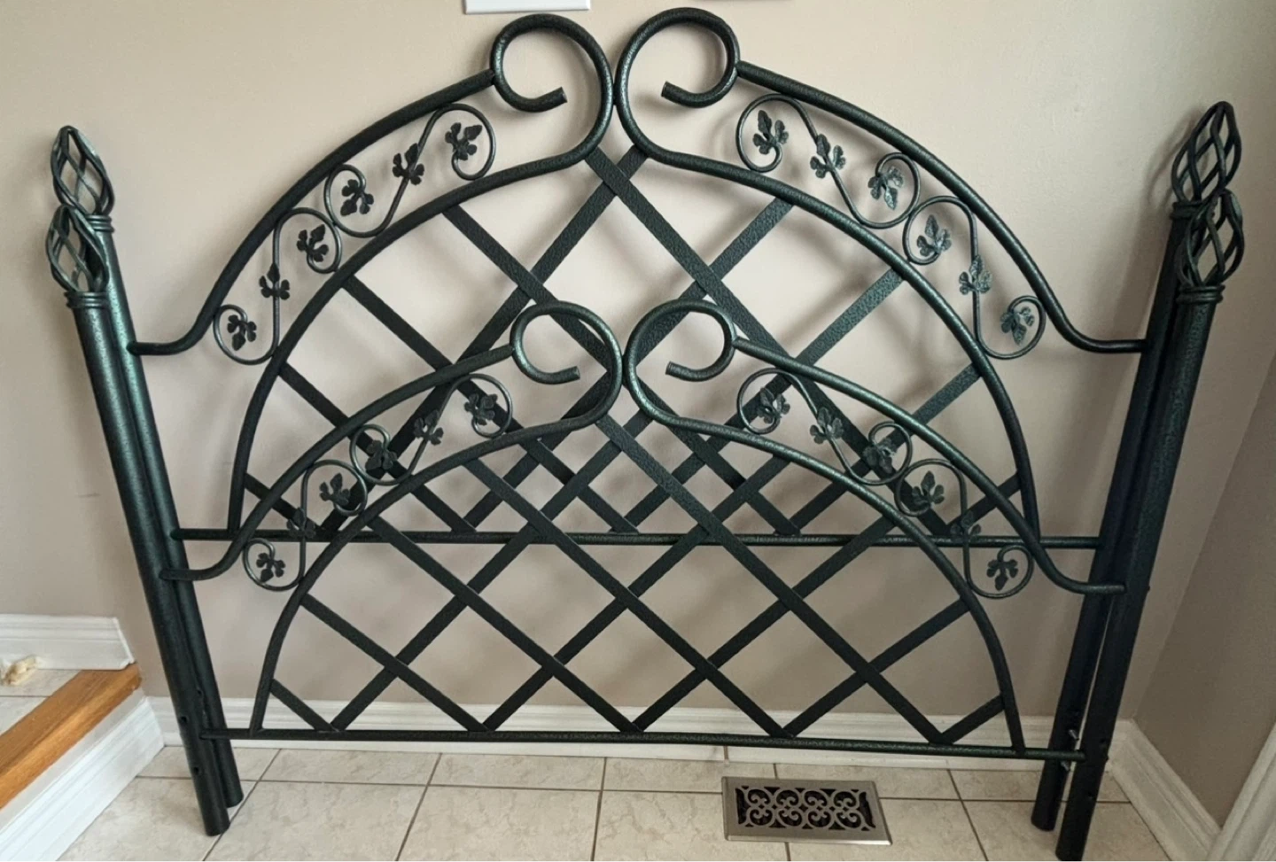 Green/Black Metal Headboard with Scroll and Lattice Design