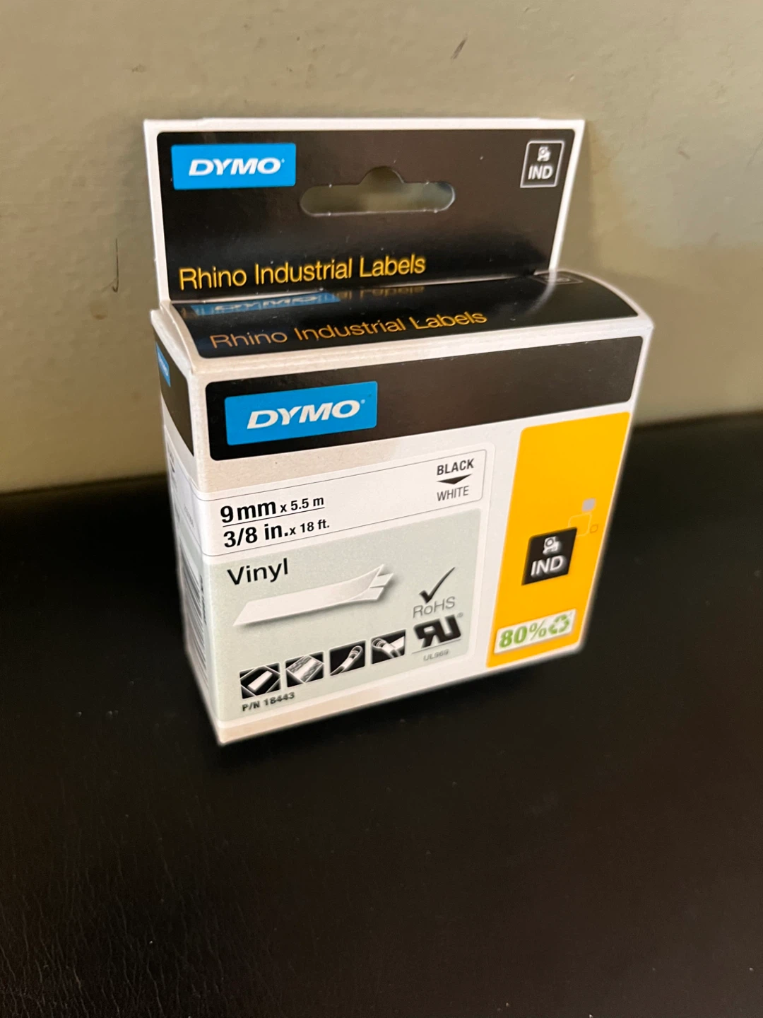 NEW Dymo Rhino 18443 Vinyl Labels 9mm x 5.5m (3/8 in x 18 ft)