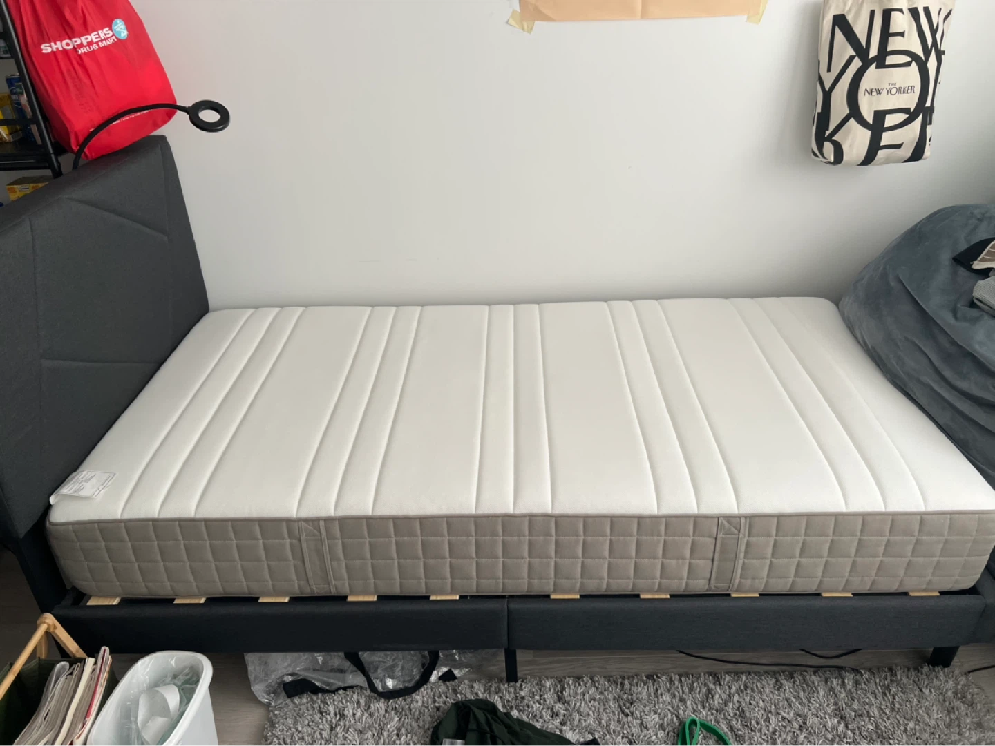 Grey Upholstered Twin Bed Frame and Mattress