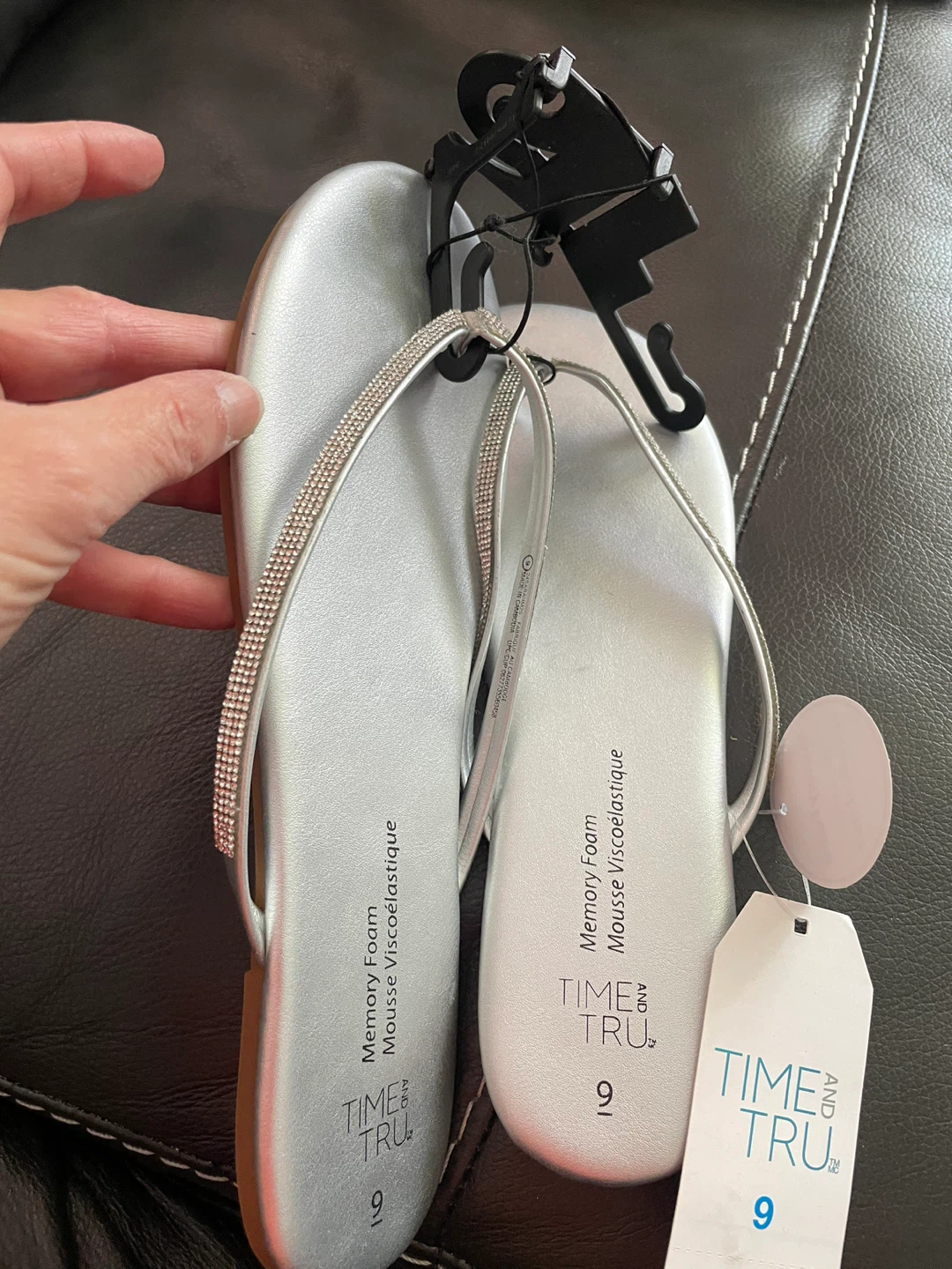 NEW! Silver Rhinestone Memory Foam Flip Flops Size 9