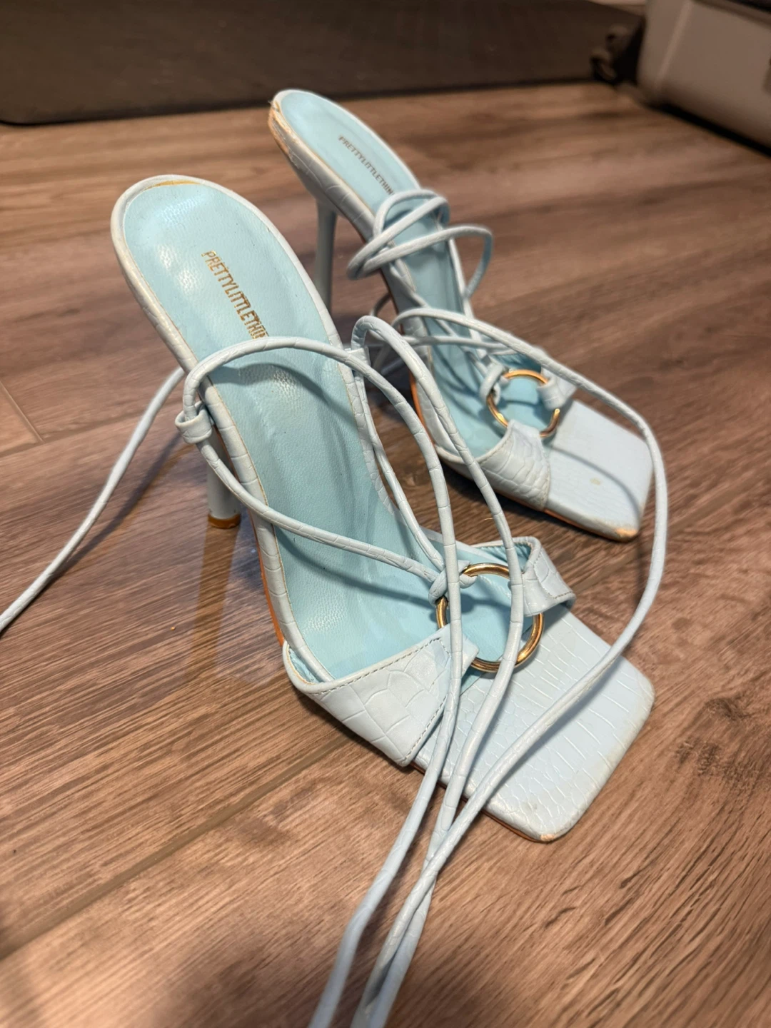 PrettyLittleThing Blue Croc Lace Up Heels