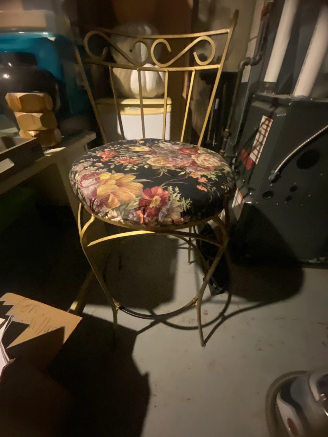 Vintage Floral Upholstered Metal Stool