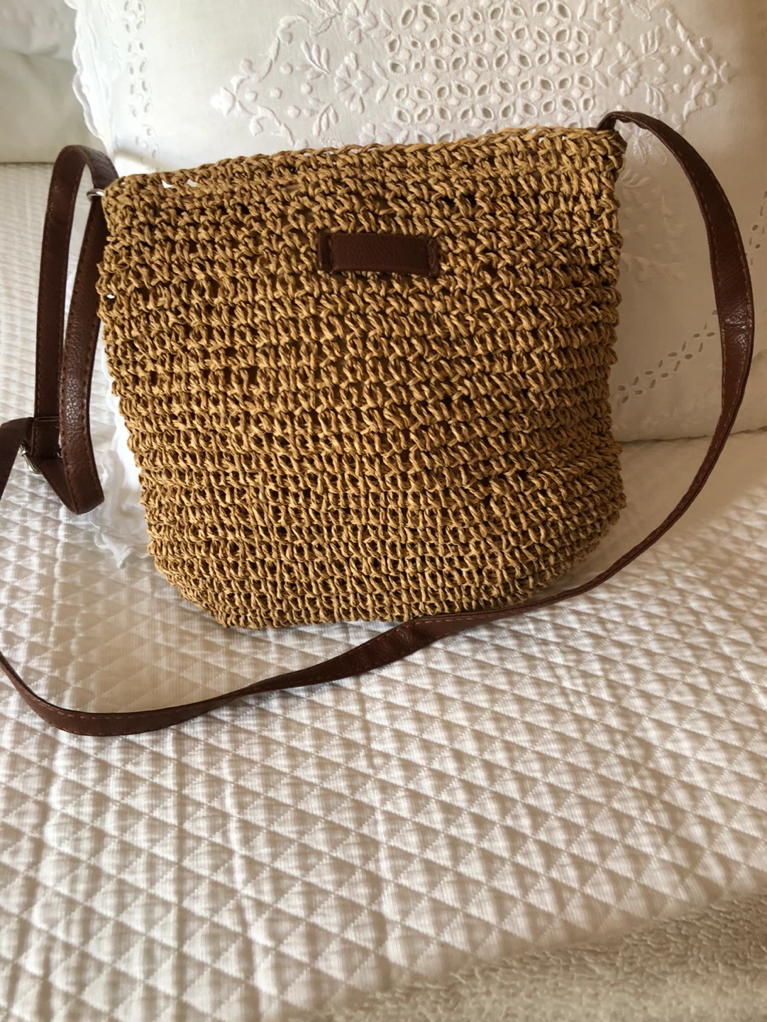 Woven Straw Crossbody Bag with Leather Strap