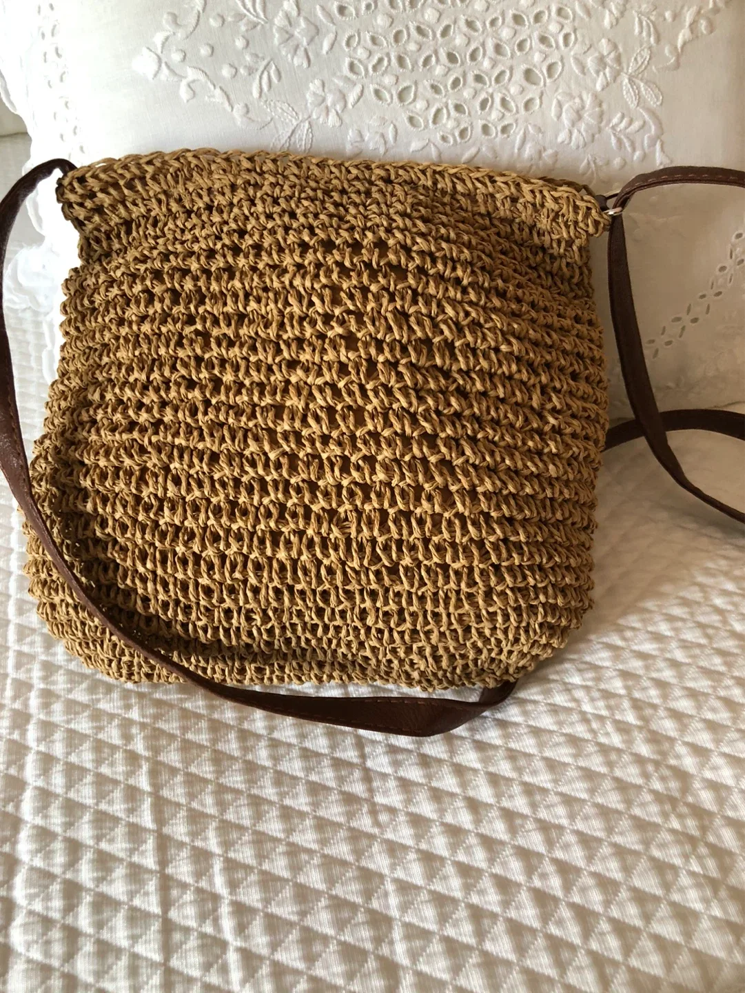 Woven Straw Crossbody Bag with Leather Strap - photo 2