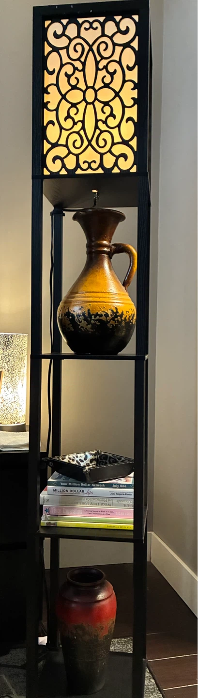 Black shelves floor lamp with decorative panel and shelves - photo 2
