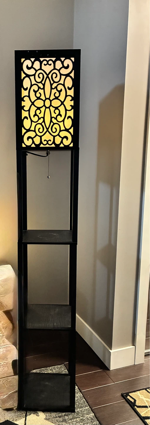 Black shelves floor lamp with decorative panel and shelves - photo 4