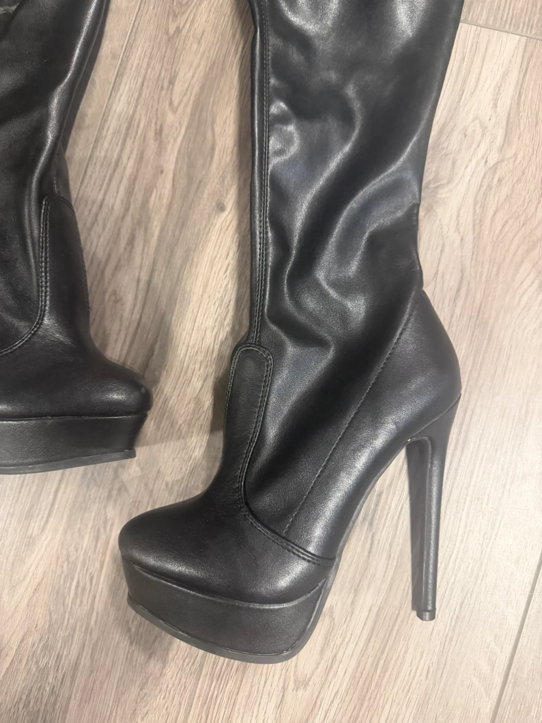 Fashion Nova Black Leather Platform Stiletto Thigh-High Boots - photo 2