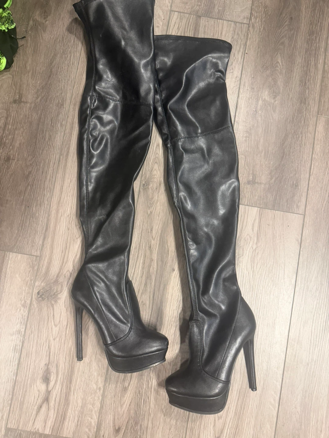 Fashion Nova Black Leather Platform Stiletto Thigh-High Boots