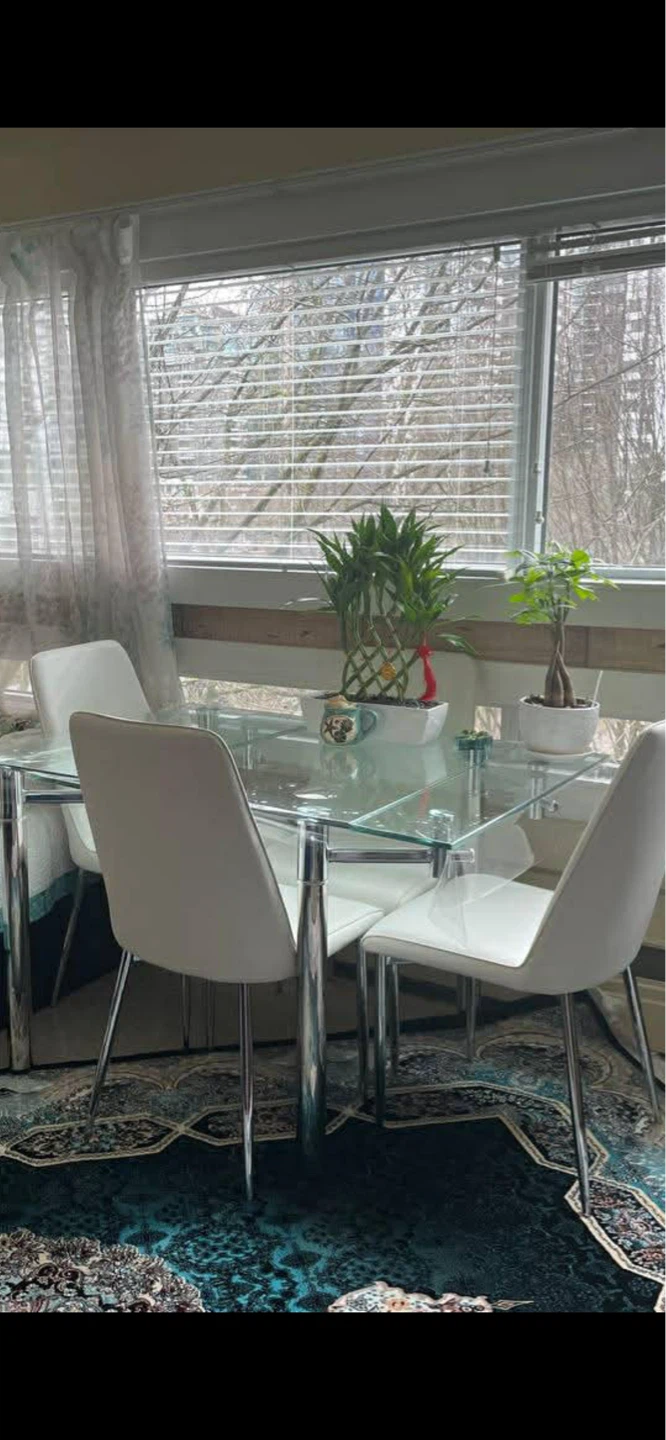 Glass Dining Table with 4 White Chairs