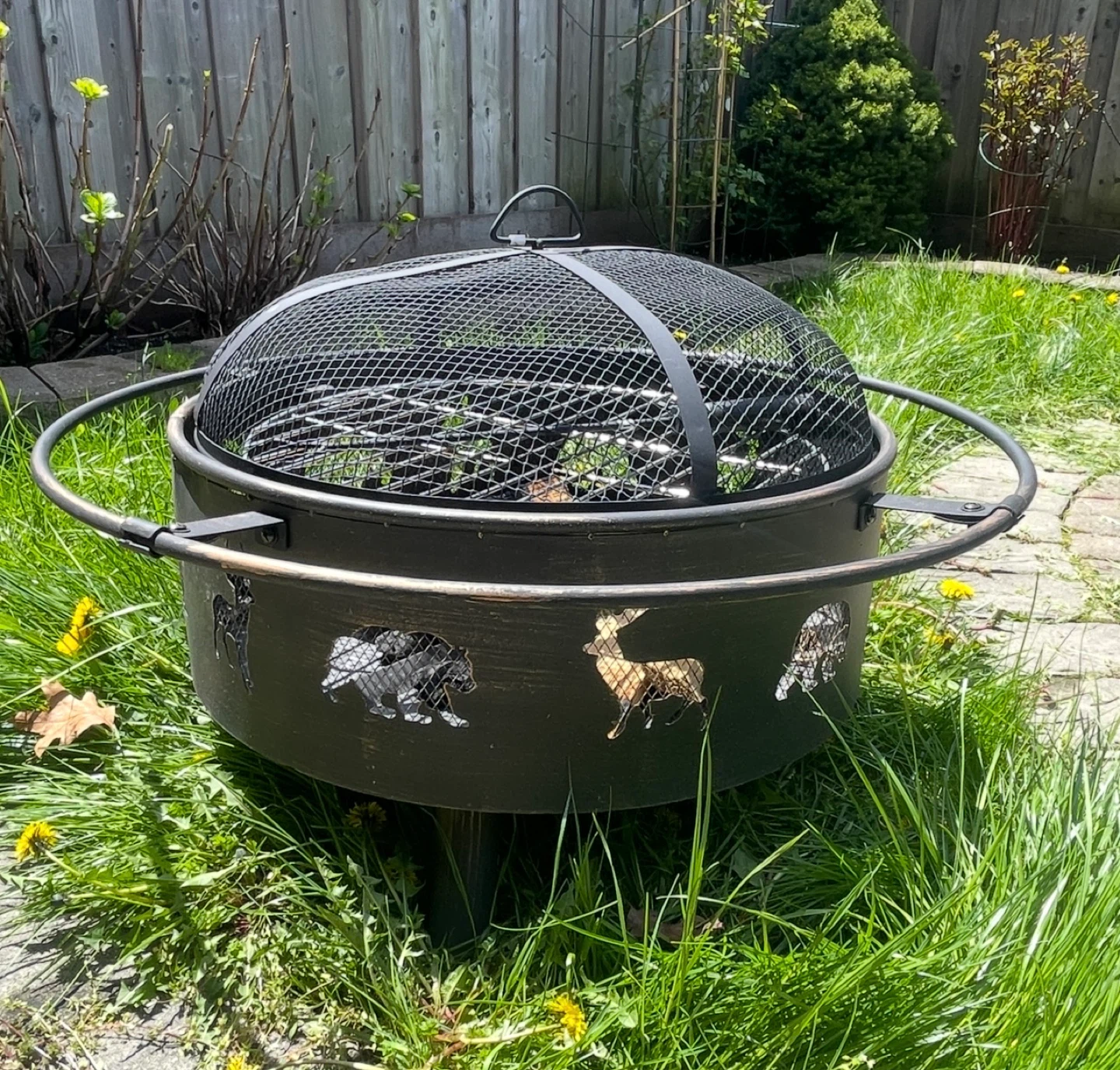Black Steel Outdoor Fire Pit with winter cover