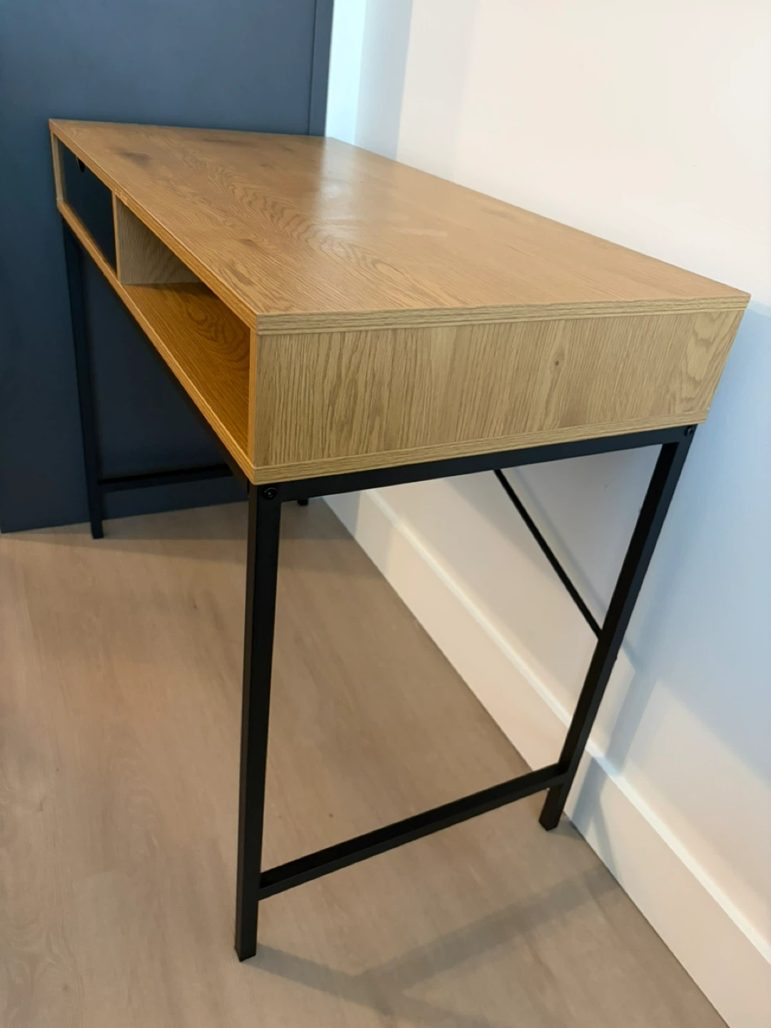 Oak and Black Metal Desk with Drawer - photo 5