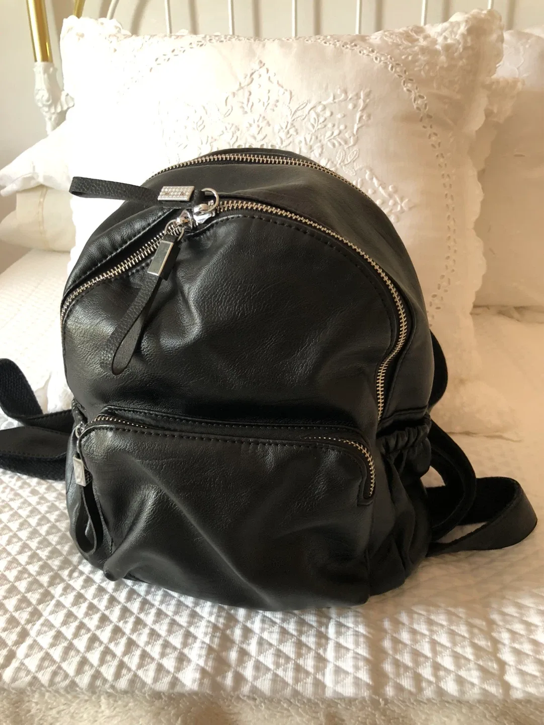 Black Faux Leather Mini Backpack