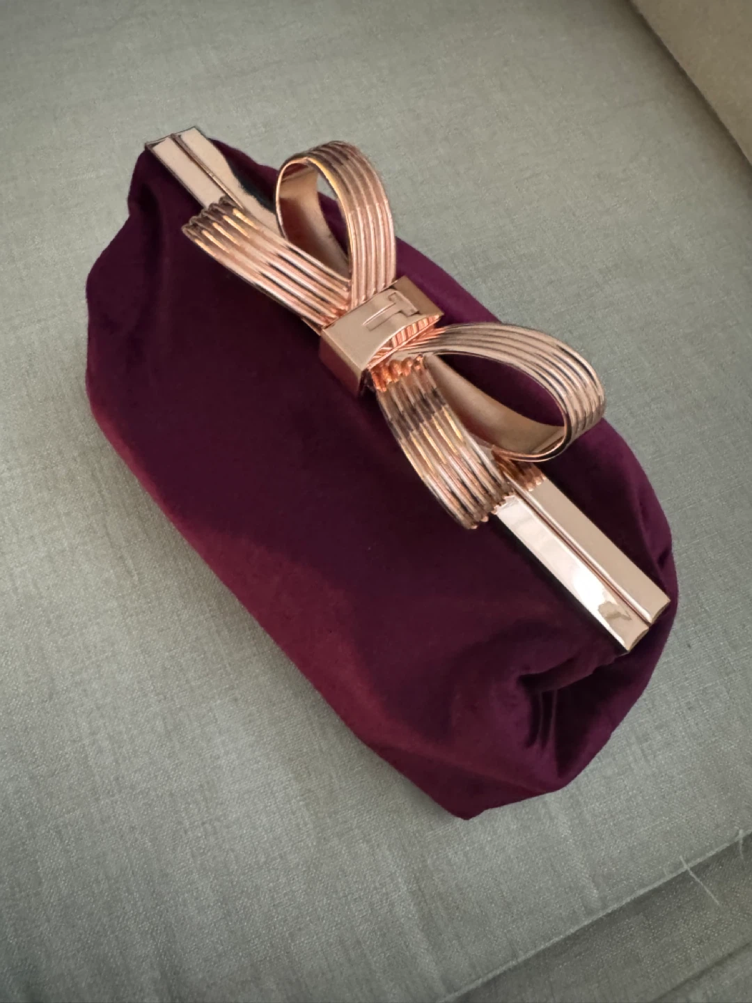 Ted Baker Burgundy Velvet Clutch with Rose Gold Bow Clasp