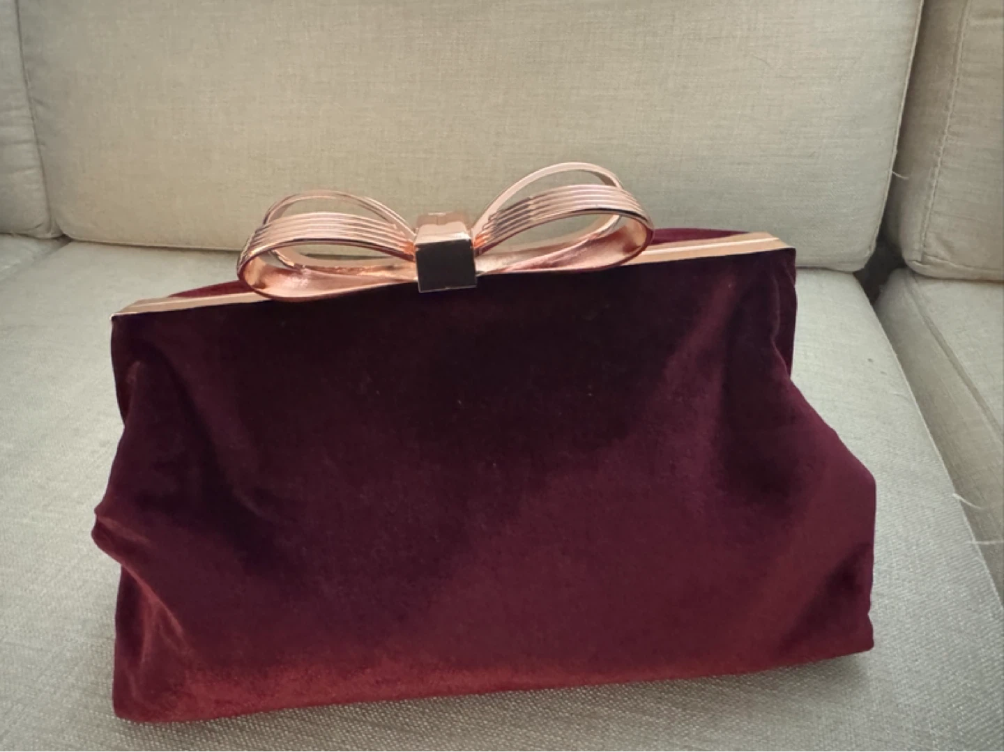 Ted Baker Burgundy Velvet Clutch with Rose Gold Bow Clasp - photo 2