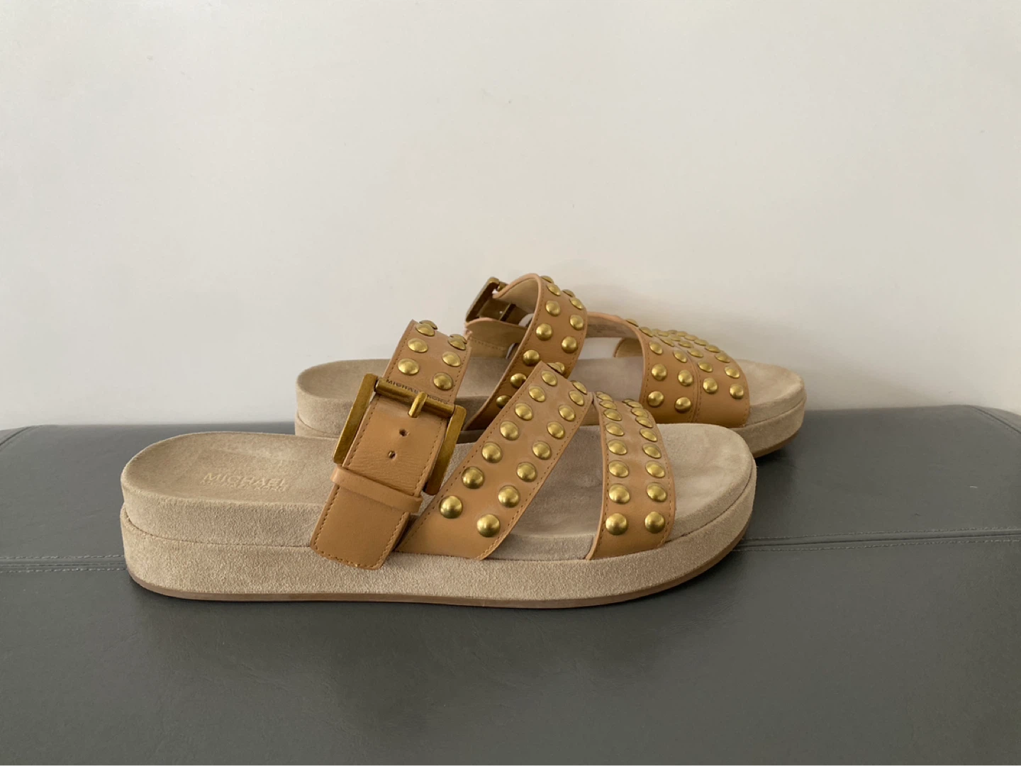 Michael Kors Studded Leather Slide Sandals Tan