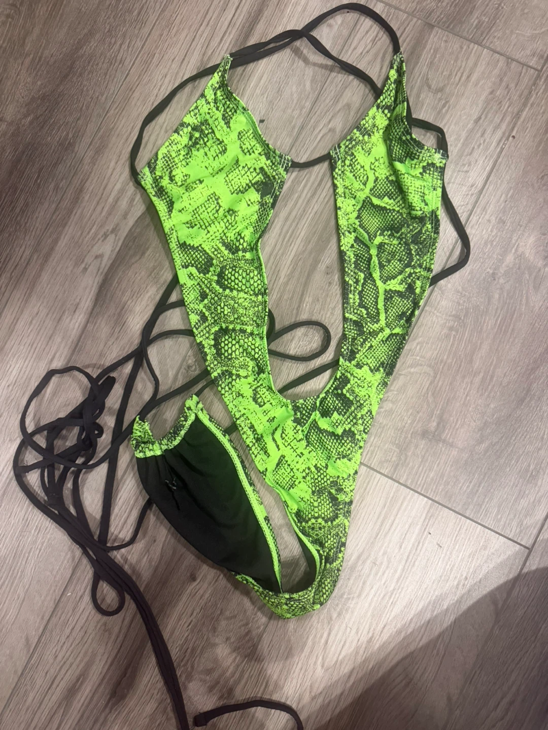 Women's Neon Green Snake Print Thong Bikini