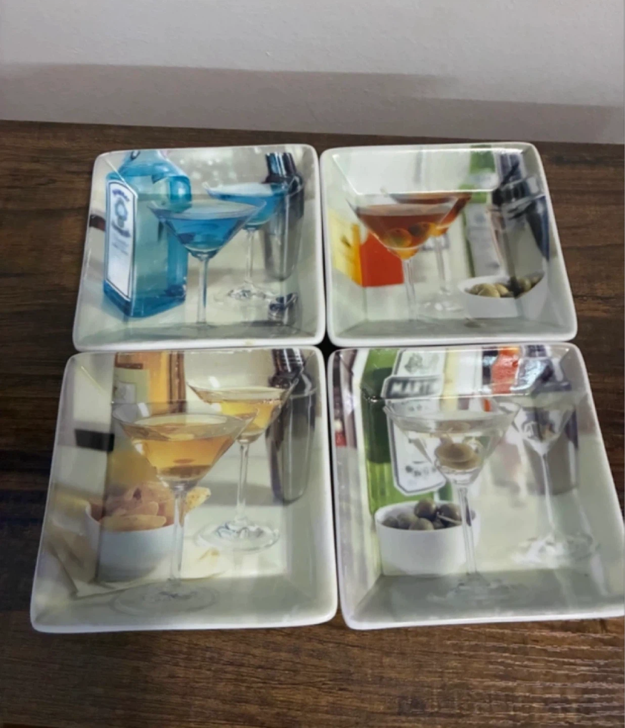 Set of 4 Cocktail Themed Square Serving Plates