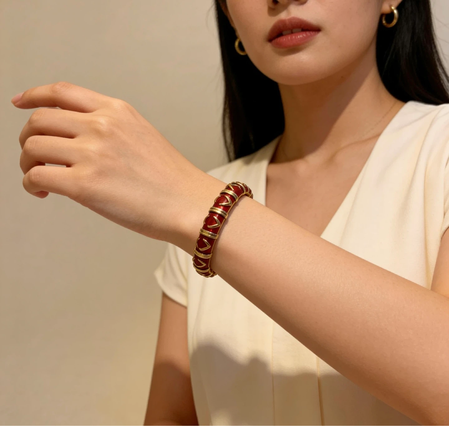 Red and Gold Enamel Bangle Bracelet - photo 2