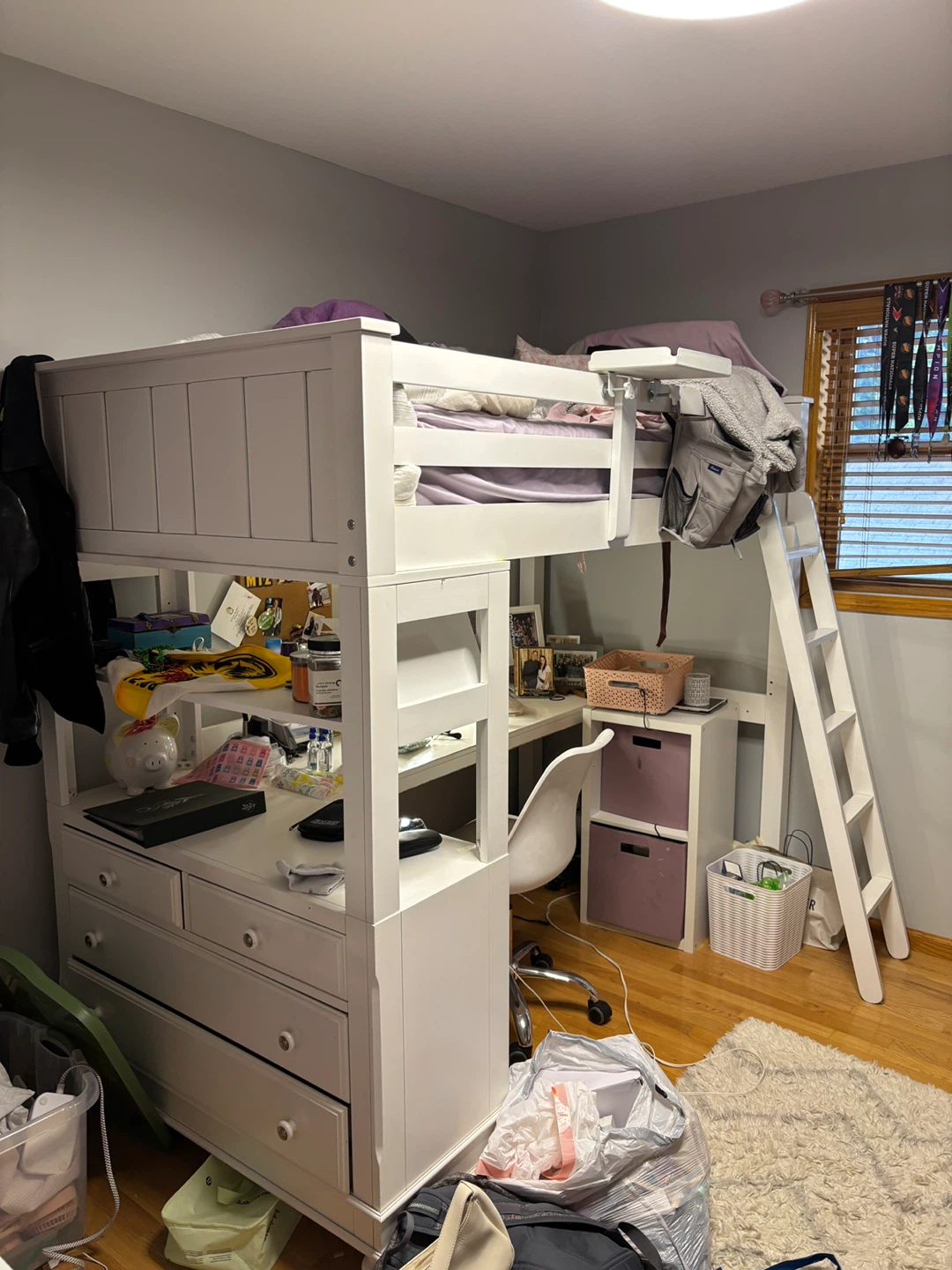 White Loft Bed with Desk and Drawers