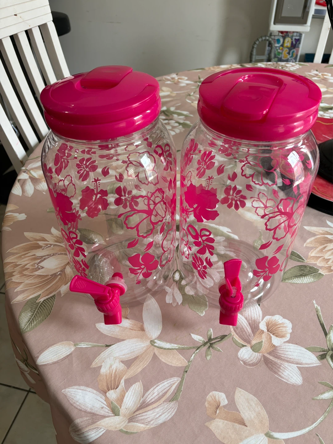 Set of 2 Pink Floral Beverage Dispensers with Spigots