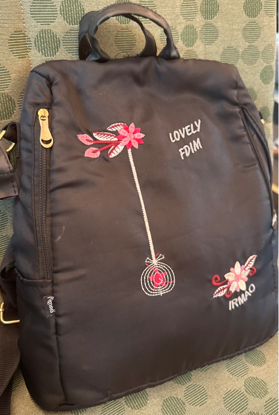 Black Backpack with Floral Embroidery