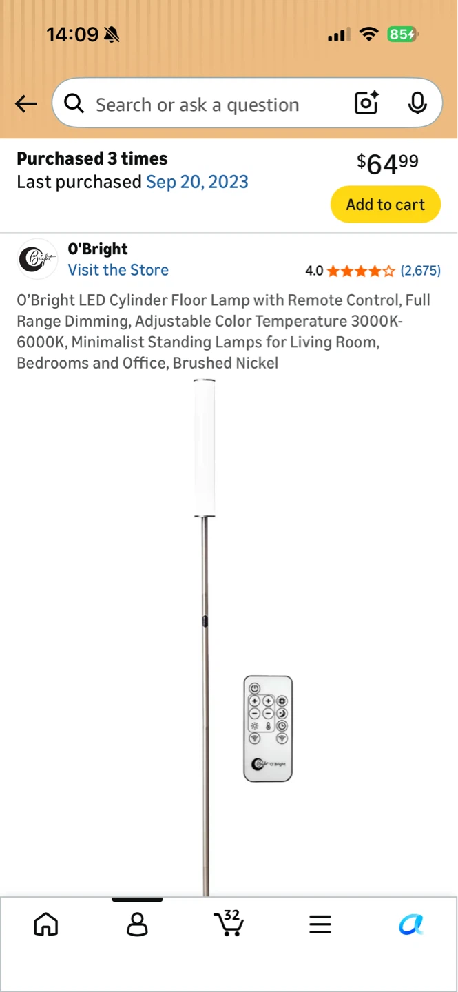 2 O'Bright LED Cylinder Floor Lamp with Remote - Brushed Nickel