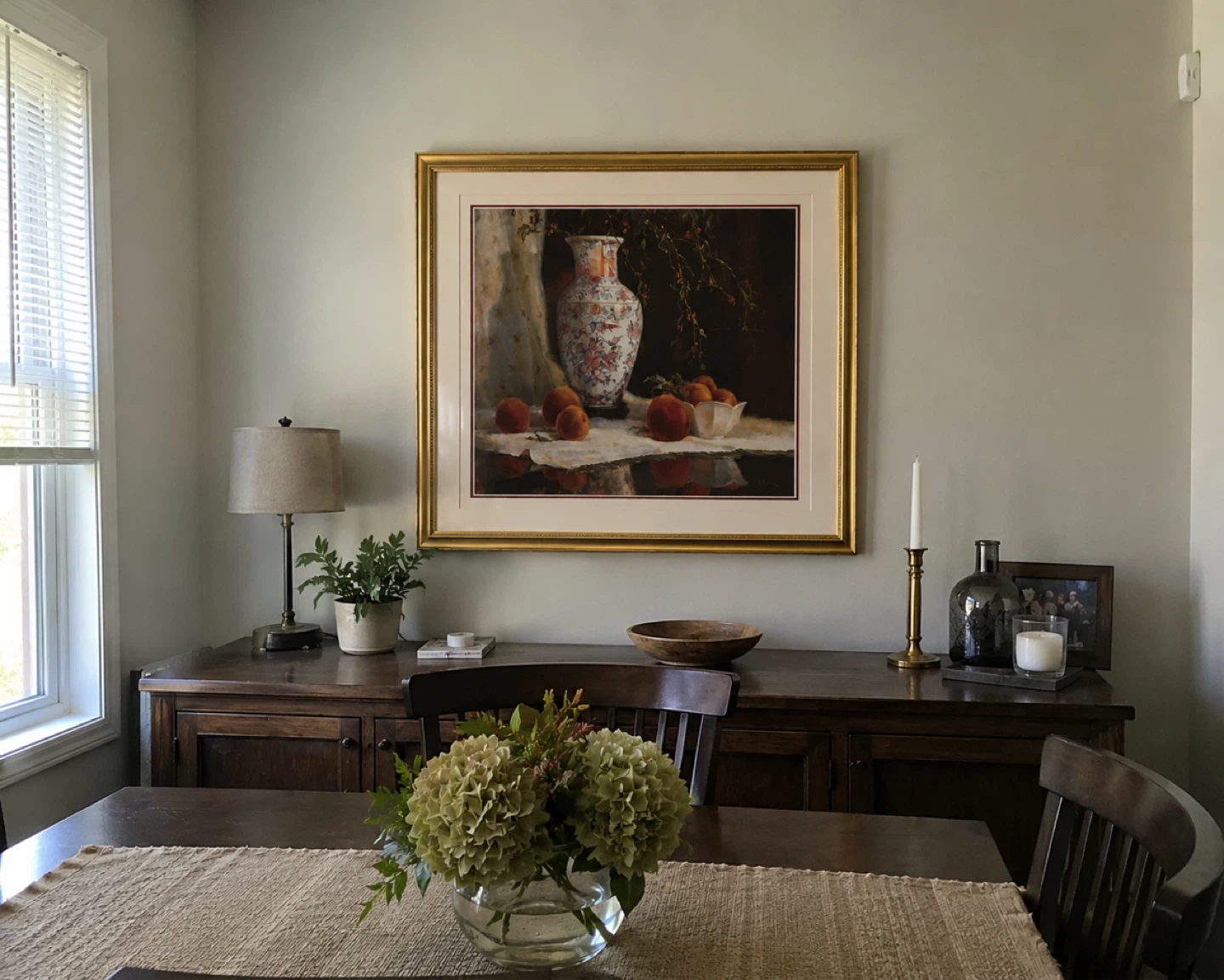 Framed Still Life Painting of Vase and Peaches