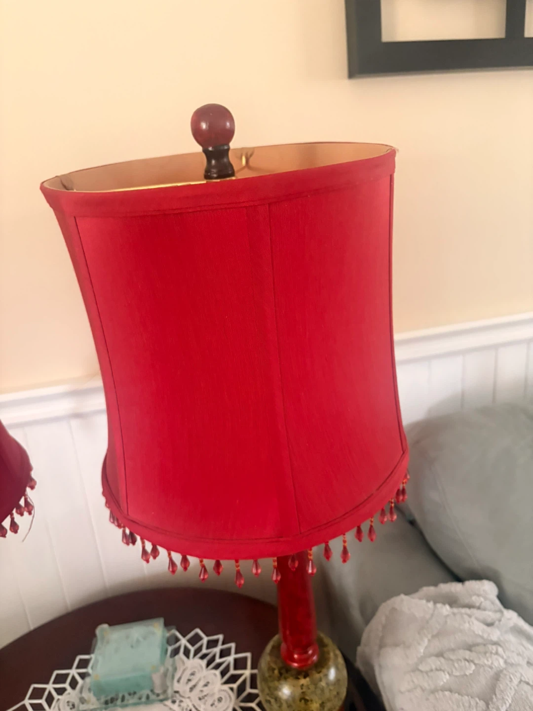 Pair of Red Lamps with Beaded Trim - photo 2