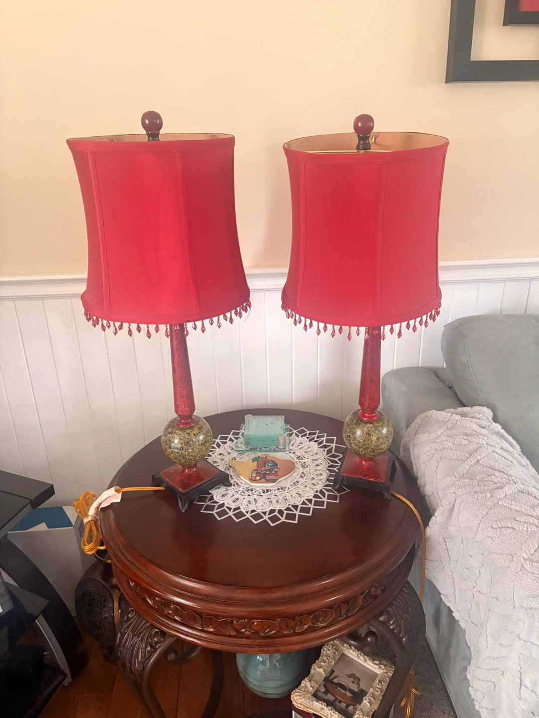 Pair of Red Lamps with Beaded Trim