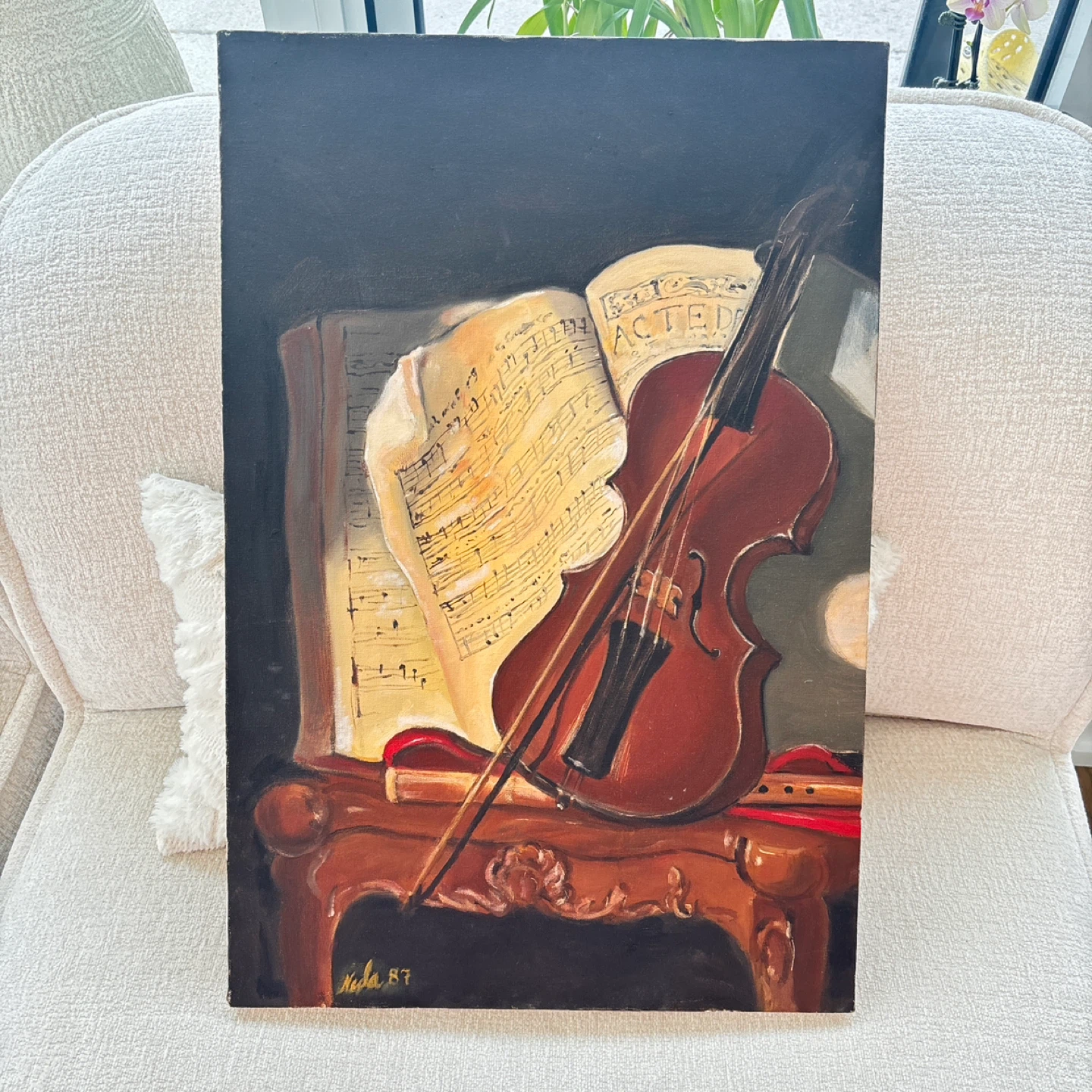 Oil Painting of Violin and Sheet Music
