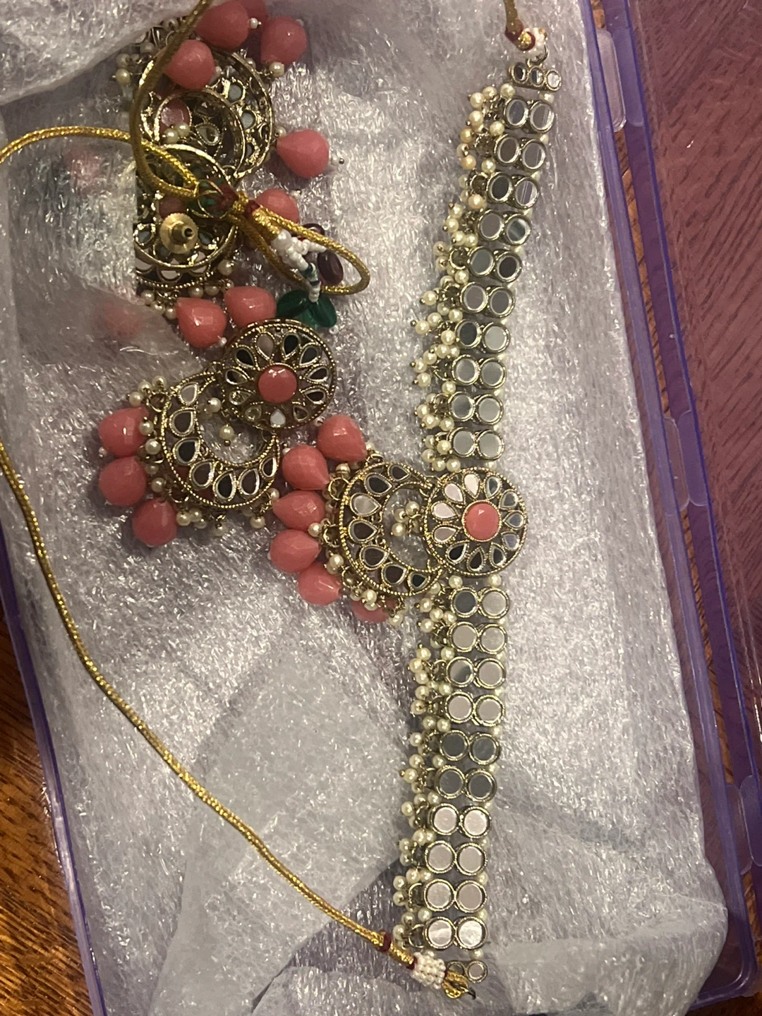 Beaded Choker Necklace and Earrings Set with Pink Stones