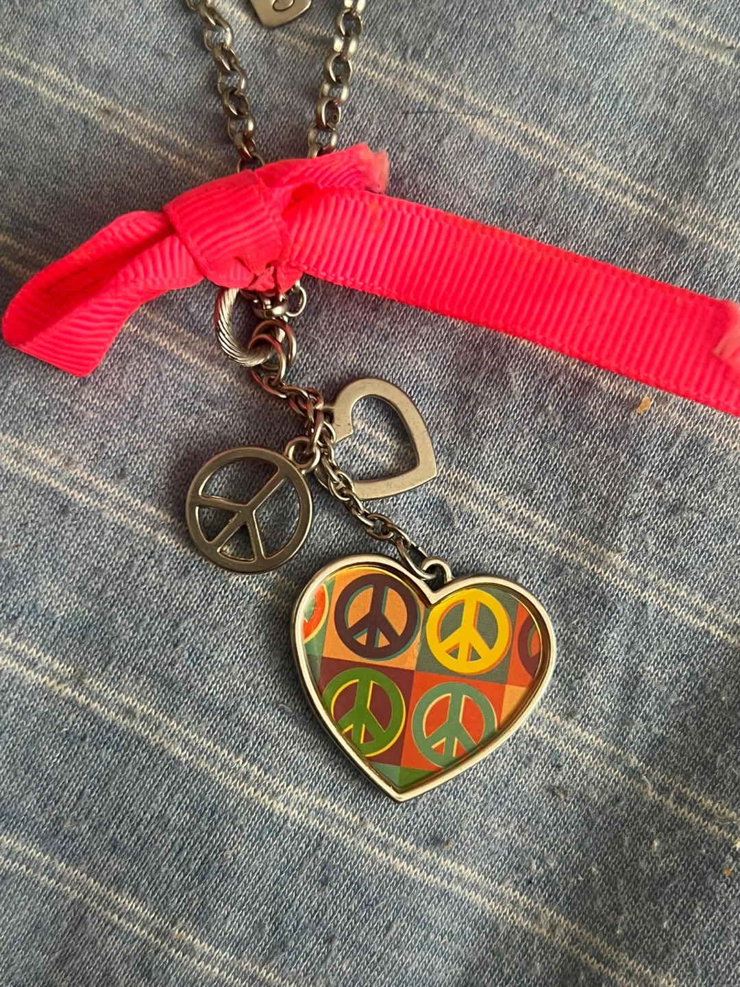 Heart Peace Sign Charm Necklace with Pink Ribbon - photo 2