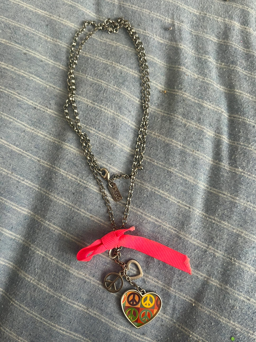 Heart Peace Sign Charm Necklace with Pink Ribbon