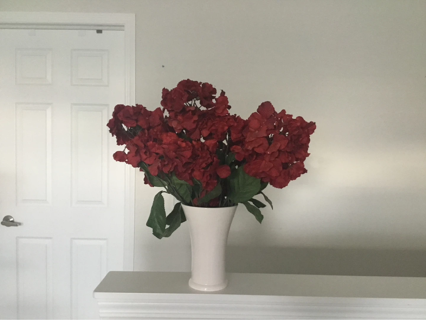 Artificial Red Hydrangea Flowers in White Vase