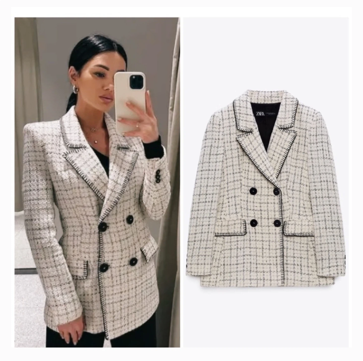 Zara Black & White Plaid Blazer - Size XS - photo 4