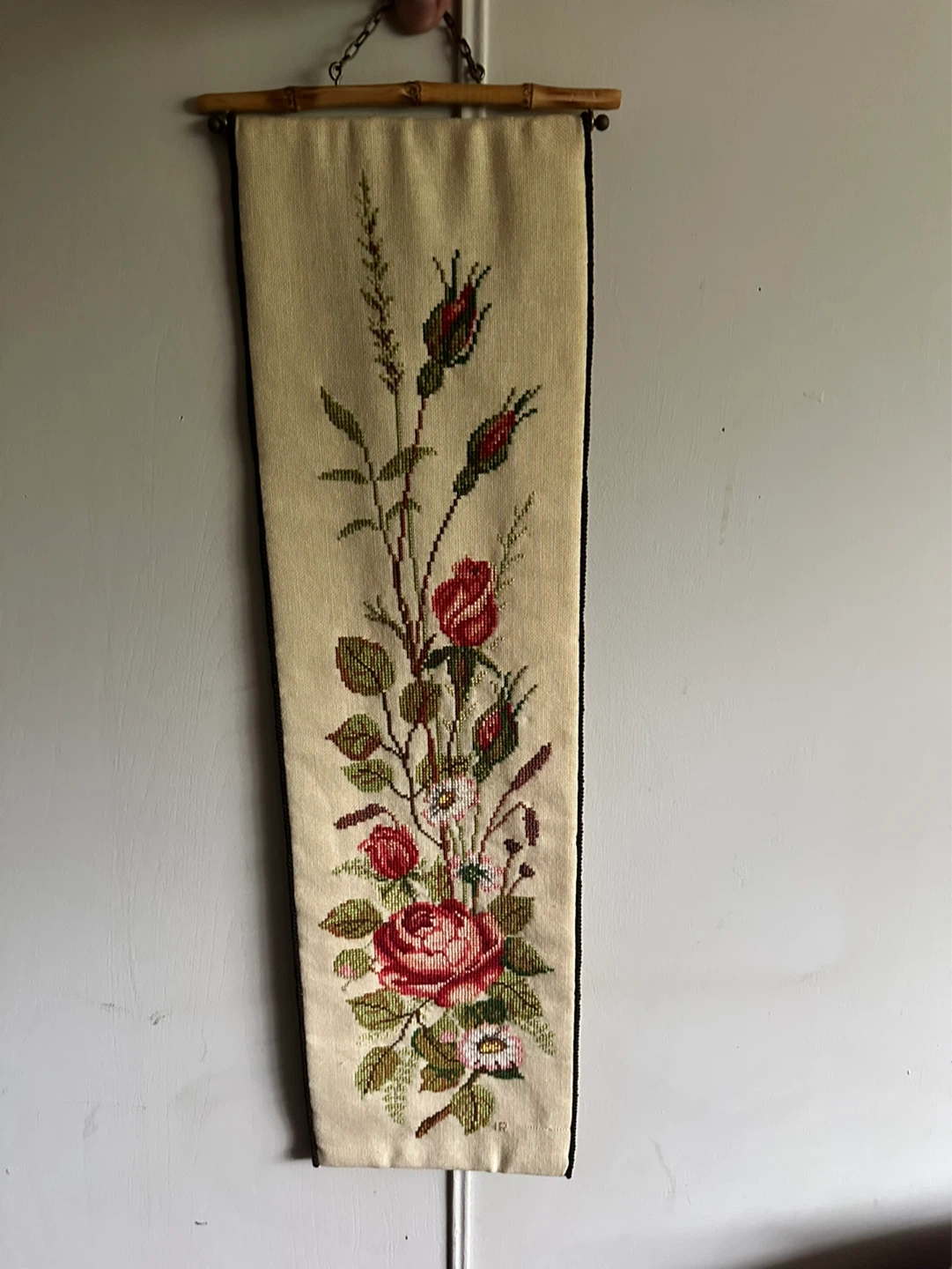 Embroidered Roses Wall Hanging Tapestry Floral Cross Stitched