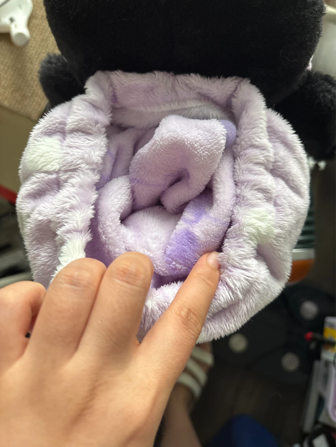 Kuromi Plush Wrapped in Lavender Star & Heart Blanket - photo 3