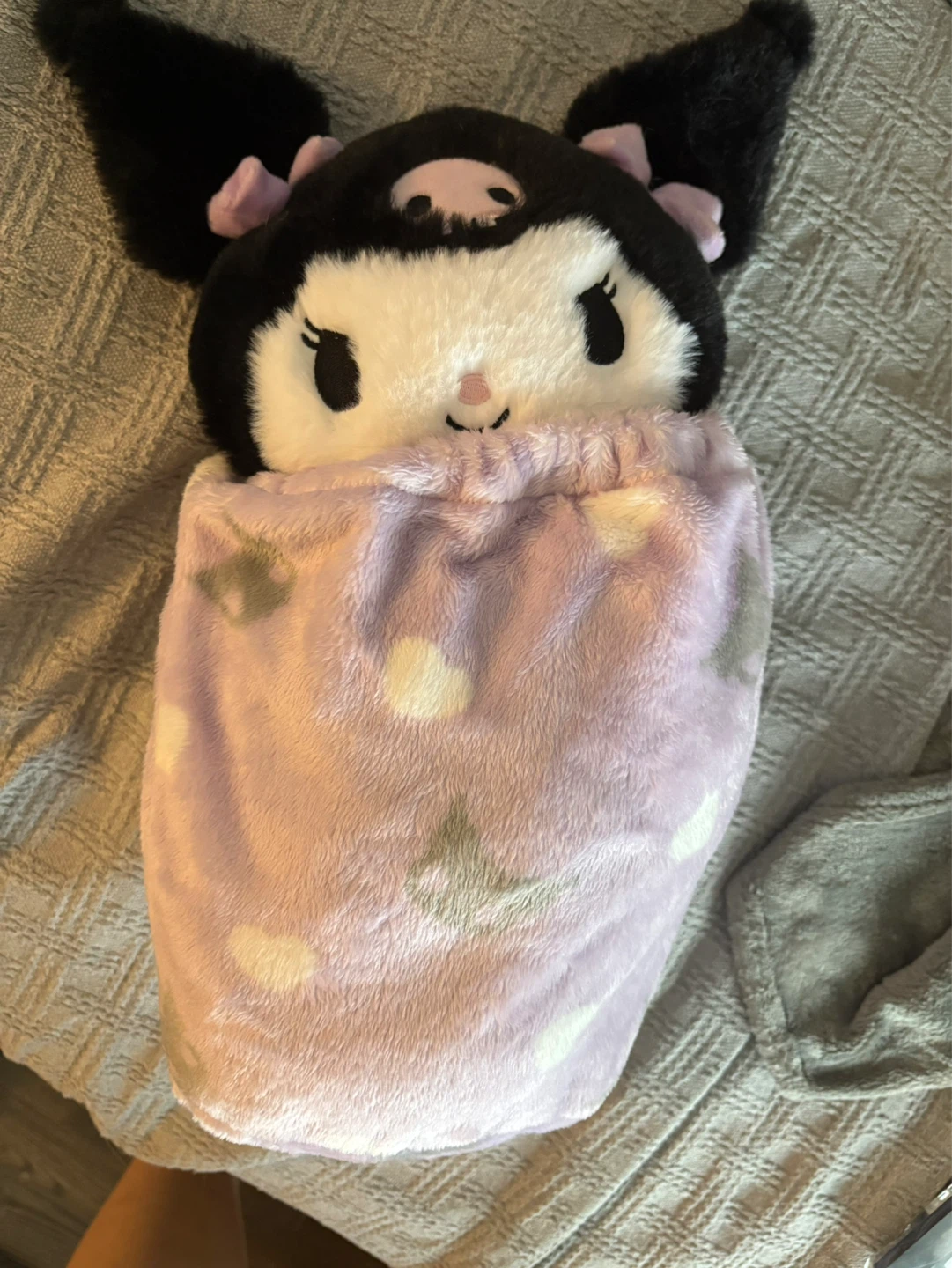 Kuromi Plush Wrapped in Lavender Star & Heart Blanket