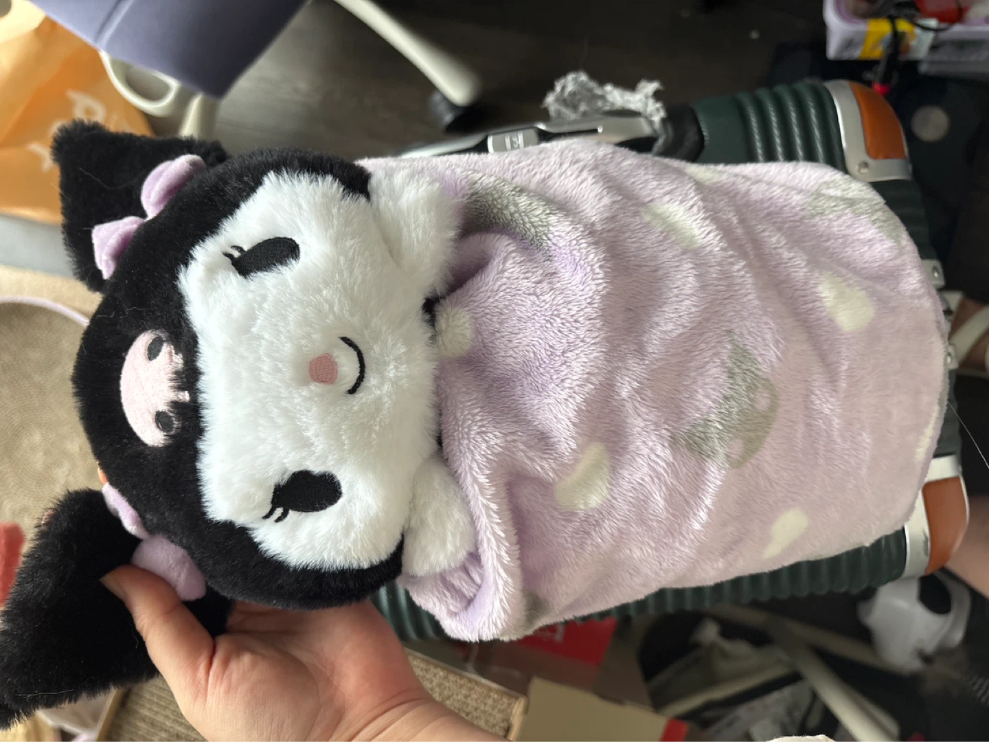 Kuromi Plush Wrapped in Lavender Star & Heart Blanket - photo 2