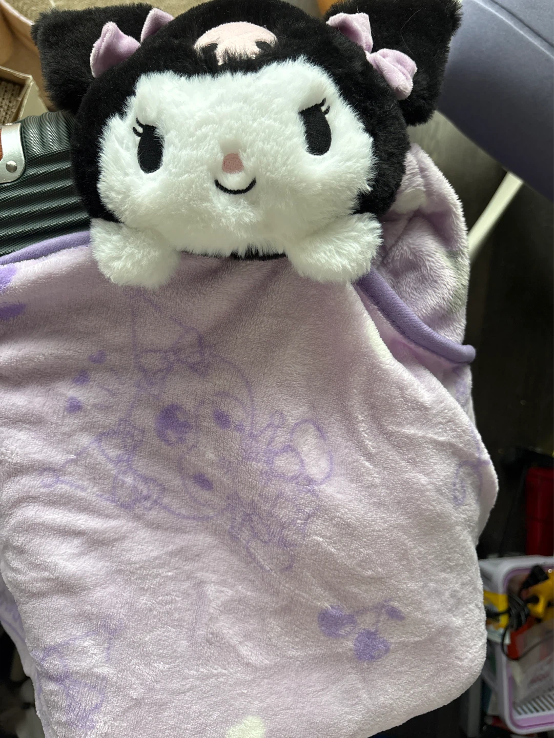 Kuromi Plush Wrapped in Lavender Star & Heart Blanket - photo 4