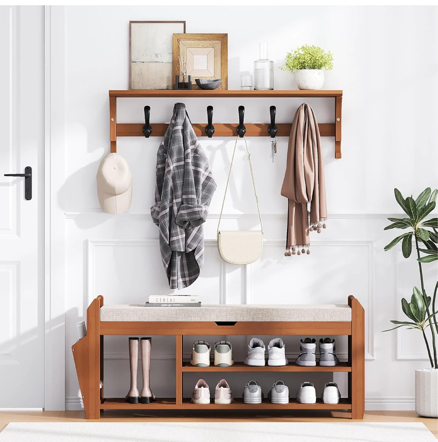 Wooden Shoe Bench with Storage and Hooks